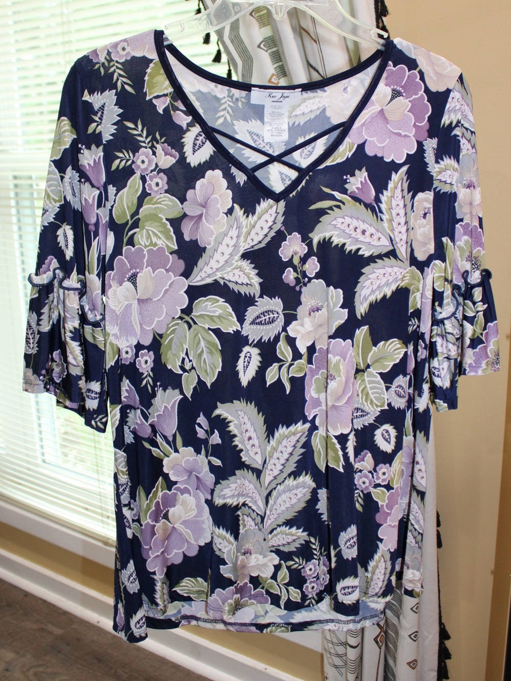 Rue Juju Floral Crisscross Bell Sleeve Blouse | Medium | Navy Purple